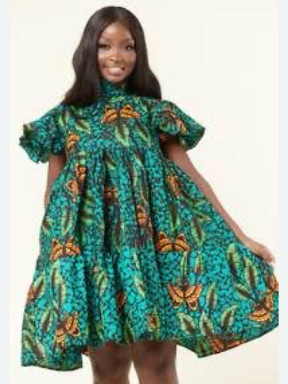 Grass fields African Print Ruffle Sleeve Dress US 14/UK 18